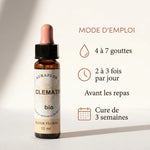 Fleur de Bach Clématite bio 10ml avec mode d'emploi, 4 à 7 gouttes, 2 à 3 fois par jour