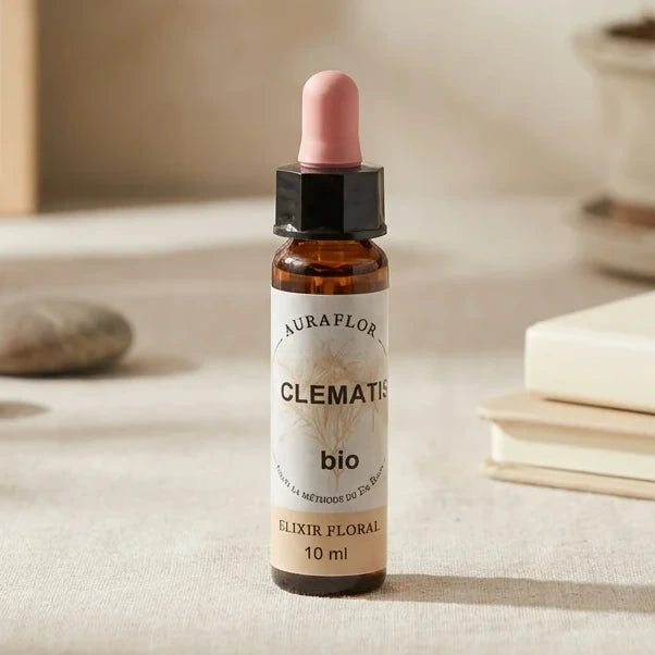 Fleur de Bach Clématite bio 10ml Dioter en flacon verre brun avec pipette rose