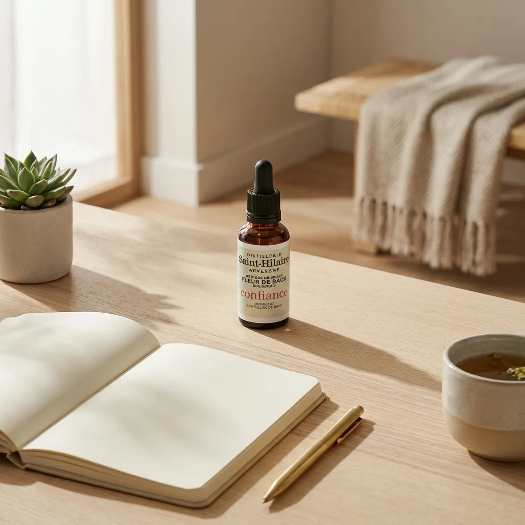 Fleur de Bach Confiance 20ml Saint-Hilaire, flacon ambre avec compte-gouttes sur bureau wellness
