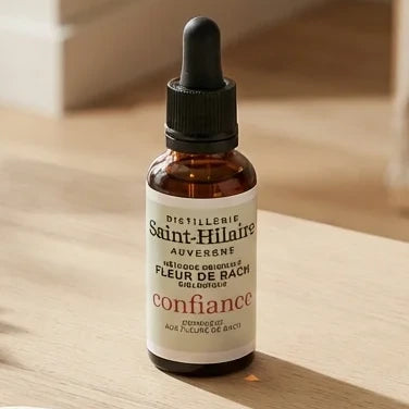 Fleur de Bach Confiance 20ml Saint-Hilaire, flacon ambre avec compte-gouttes sur bureau wellness