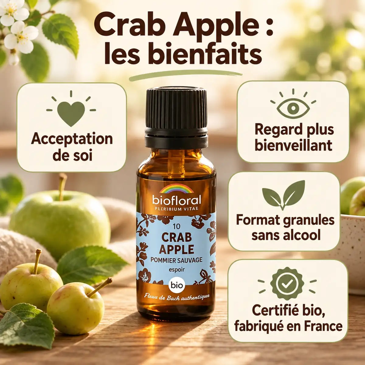 Flacon en verre ambré Fleur de Bach Crab Apple Biofloral (pommier sauvage) bio en granules, sur table en bois, avec pommes vertes