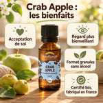 Flacon en verre ambré Fleur de Bach Crab Apple Biofloral (pommier sauvage) bio en granules, sur table en bois, avec pommes vertes