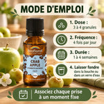 Fleur de Bach Crab Apple Biofloral en granules 19,5 g sur table en bois, avec pommes sauvages vertes et mode d'emploi