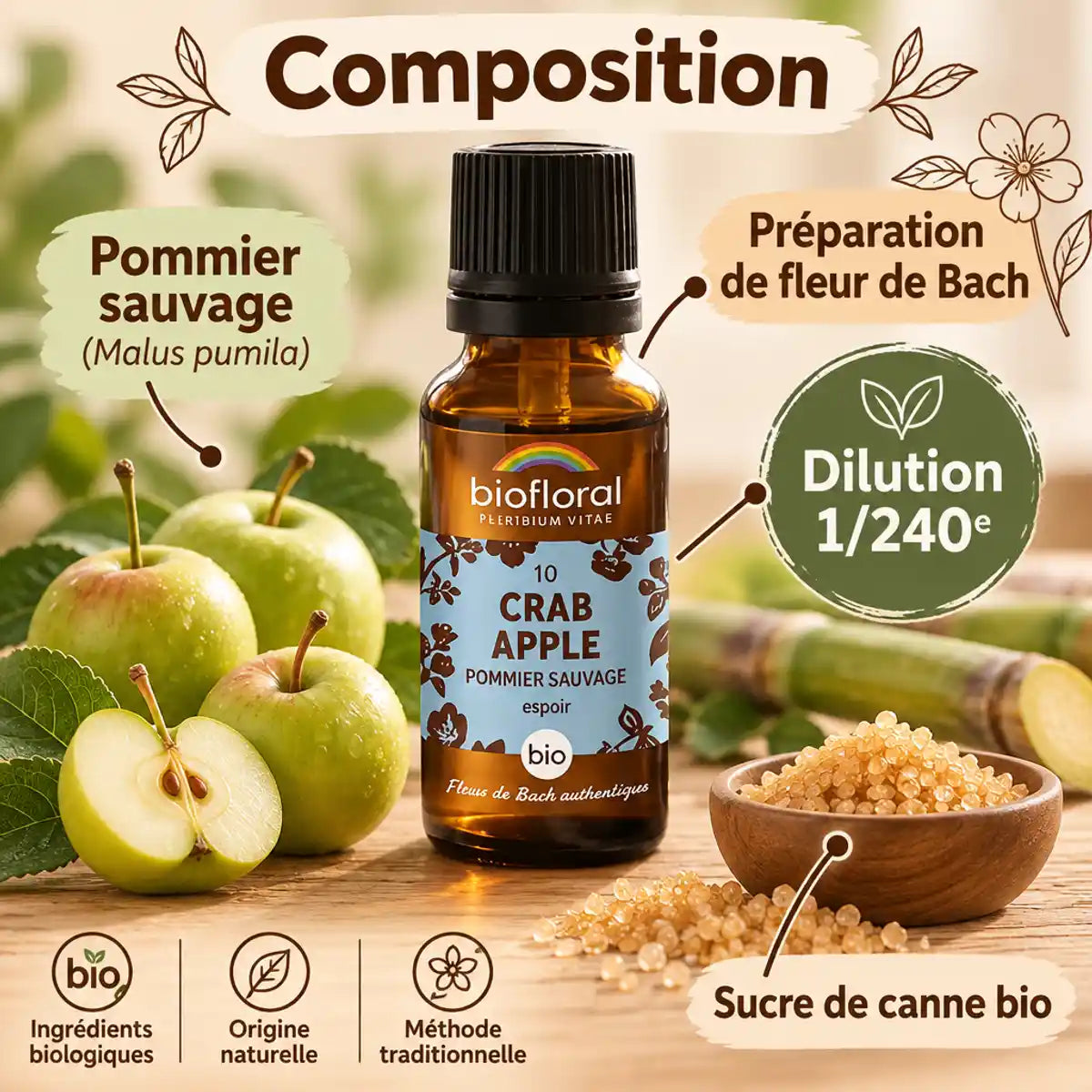 Fleur de Bach Crab Apple (pommier sauvage) bio en granules Biofloral, flacon ambré, pommes vertes et granules de sucre de canne