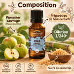 Fleur de Bach Crab Apple (pommier sauvage) bio en granules Biofloral, flacon ambré, pommes vertes et granules de sucre de canne