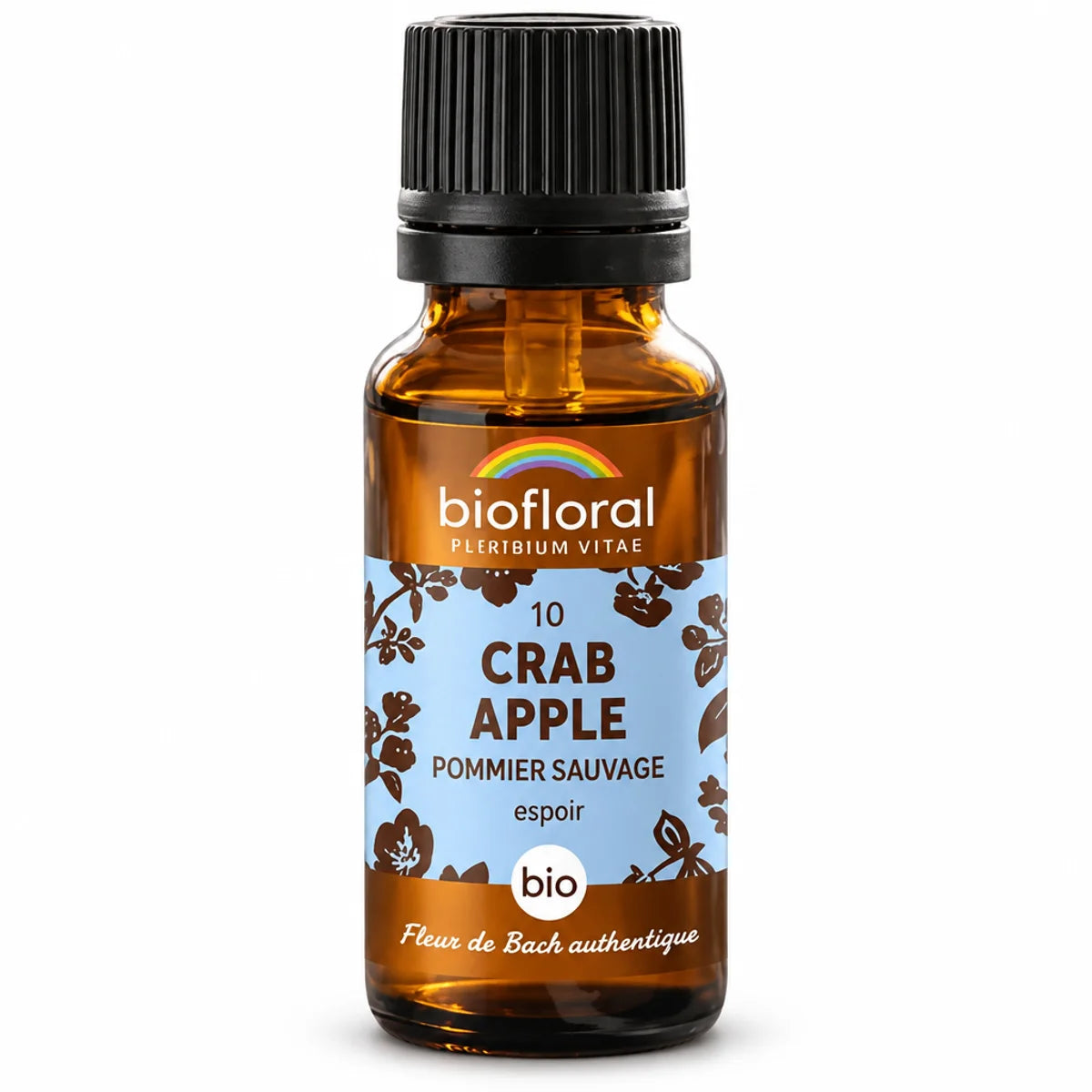 Flacon en verre ambré de Fleur de Bach Crab Apple (Pommier sauvage) Bio en granules Biofloral, fond blanc