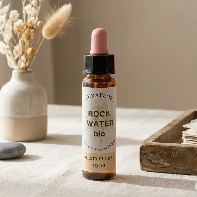 Fleur de Bach eau de roche bio 10ml Dioter en flacon verre ambré sur bureau wellness