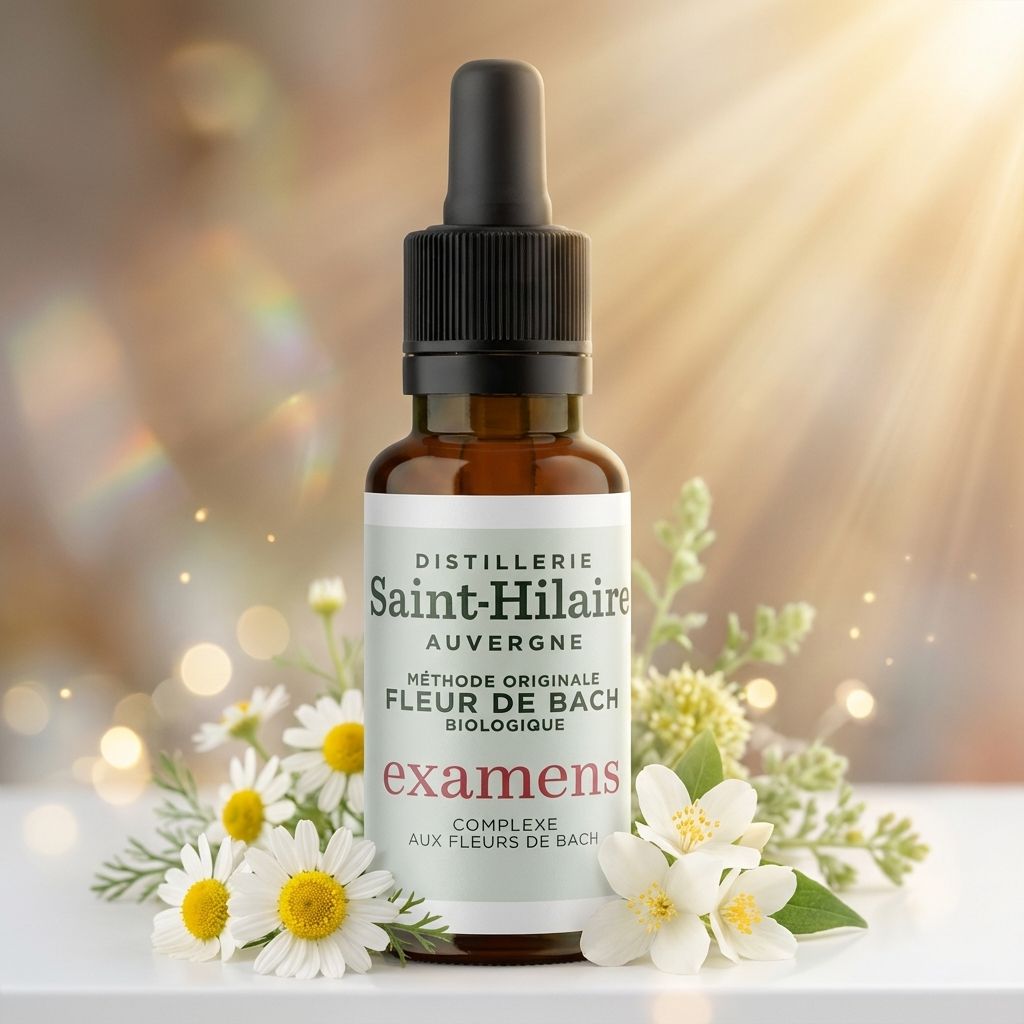 Fleur de Bach Examens 20ml Distillerie Saint-Hilaire avec fleurs et lumière dorée