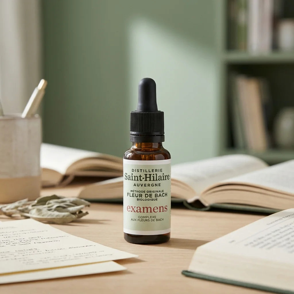Fleur de Bach Examens 20ml Distillerie Saint Hilaire avec notes d'étude et ambiance apaisante