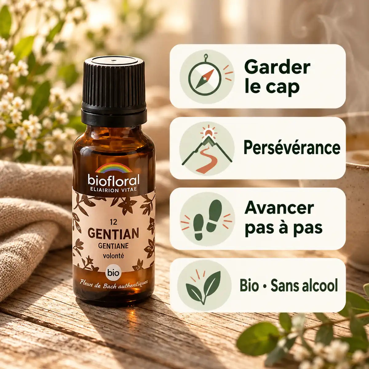 Flacon ambré de fleur de Bach Gentiane bio Biofloral (granules 19,5 g), avec cartes explicatives sur la persévérance et le bien-être naturel