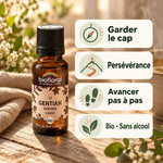 Flacon ambré de fleur de Bach Gentiane bio Biofloral (granules 19,5 g), avec cartes explicatives sur la persévérance et le bien-être naturel