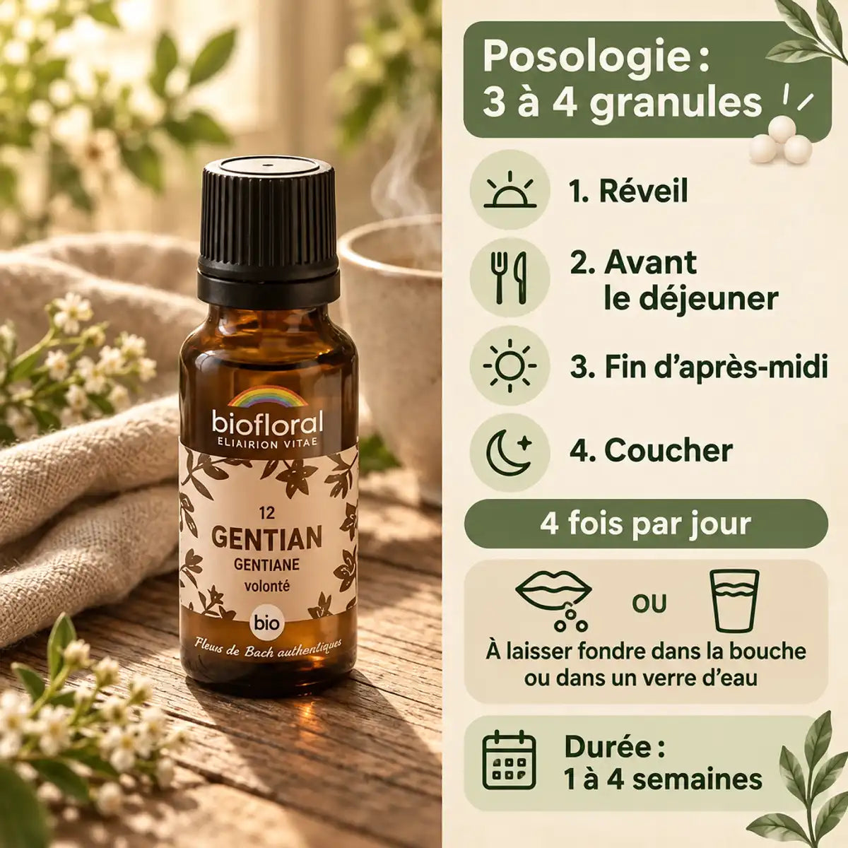 Flacon Fleur de Bach Gentiane Bio Biofloral en granules avec guide de posologie 3 à 4 granules, 4 fois par jour