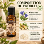 Flacon Biofloral en verre ambré de Fleur de Bach Gentiane bio en granules, avec fiche composition : gentiane, sucre de canne, certifié bio