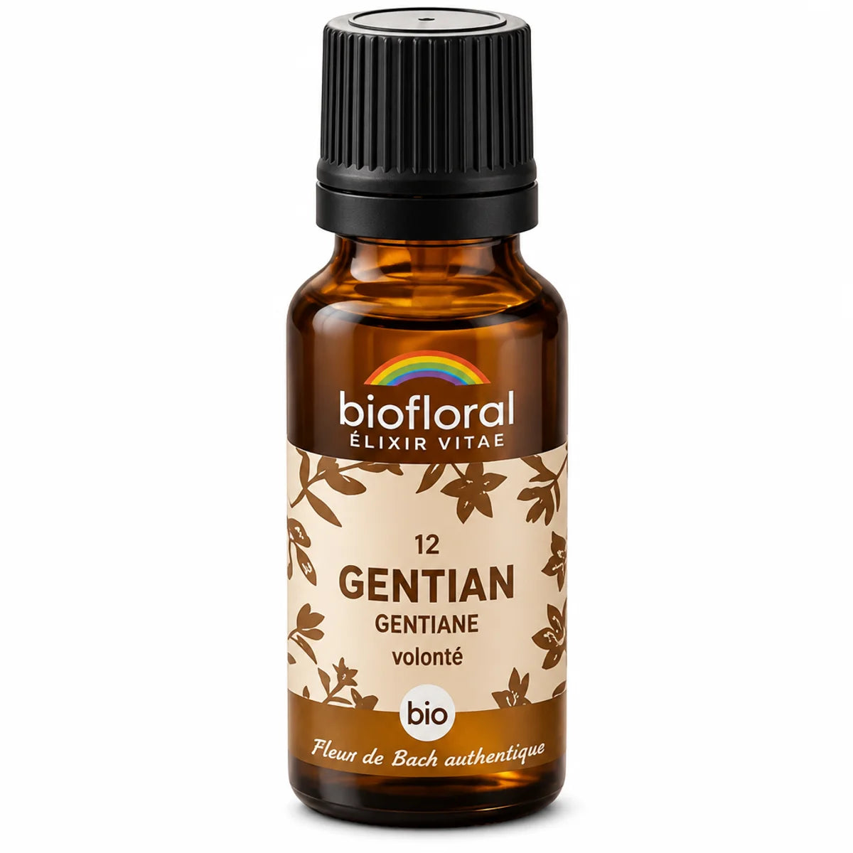 Flacon compte-gouttes en verre ambré Biofloral Fleur de Bach Gentiane bio en granules, fond blanc