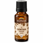 Flacon compte-gouttes en verre ambré Biofloral Fleur de Bach Gentiane bio en granules, fond blanc