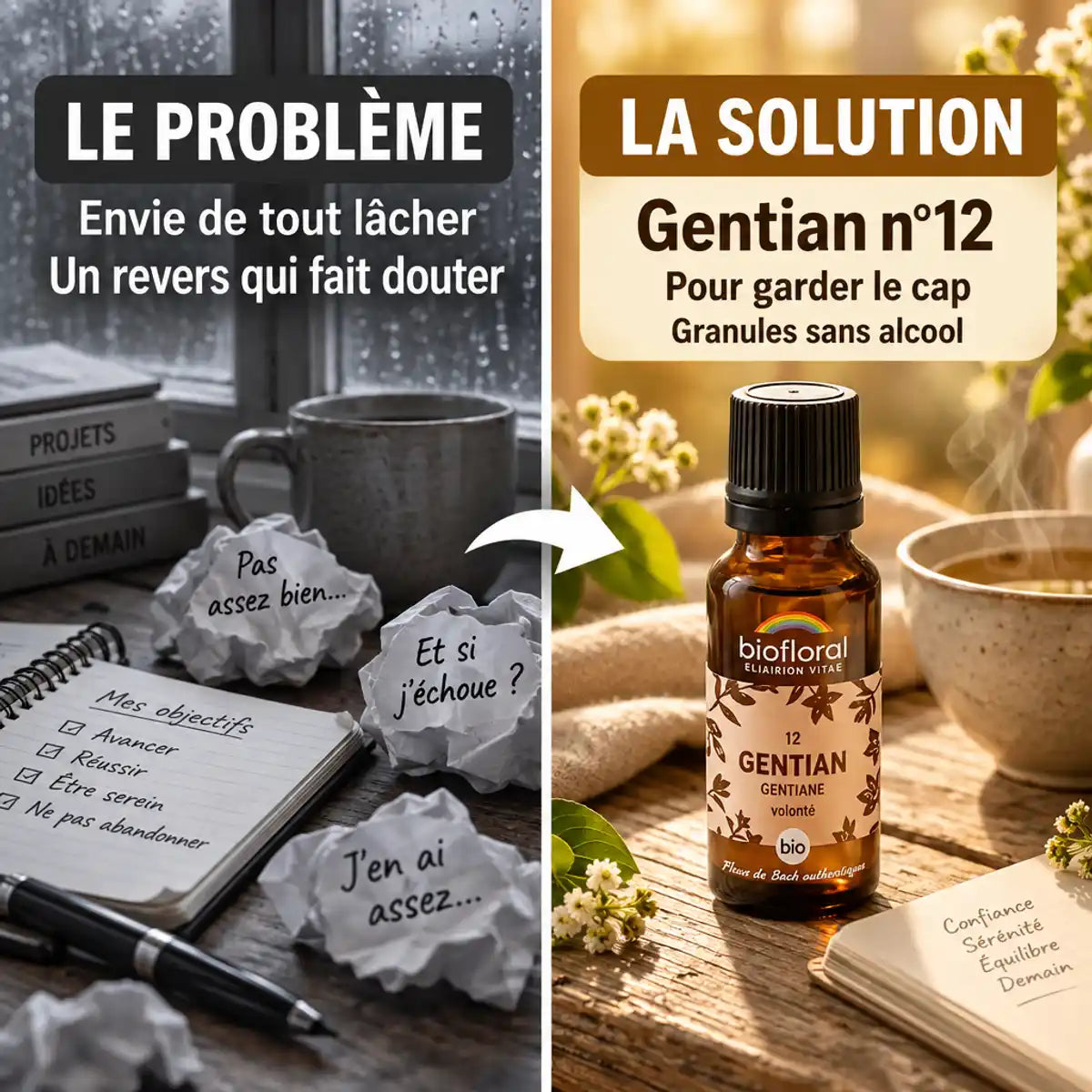 Granules Fleur de Bach Gentian Bio Biofloral 19,5 g : flacon ambré en vedette, visuel problème-solution sur fond doré