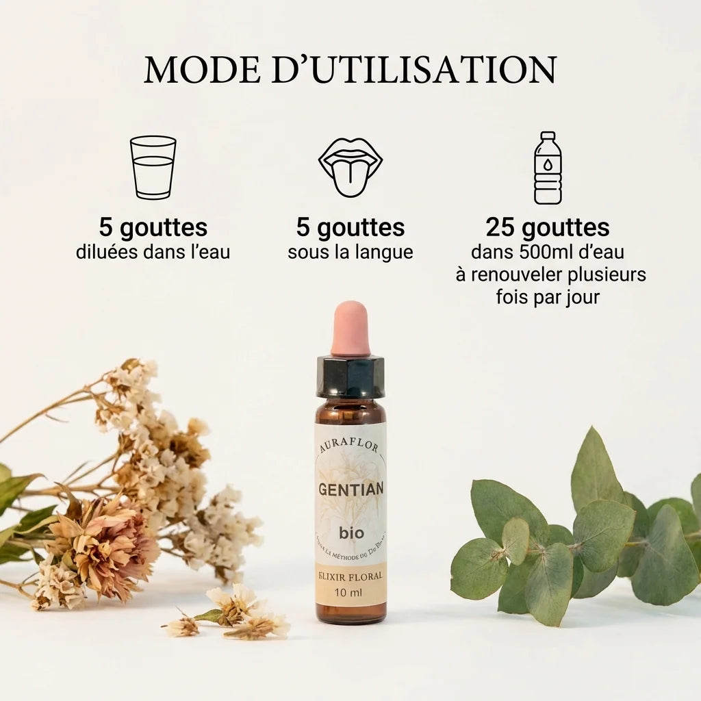 Fleur de Bach Gentiane bio 10ml avec posologie d'utilisation, gouttes sous la langue ou diluées dans l'eau