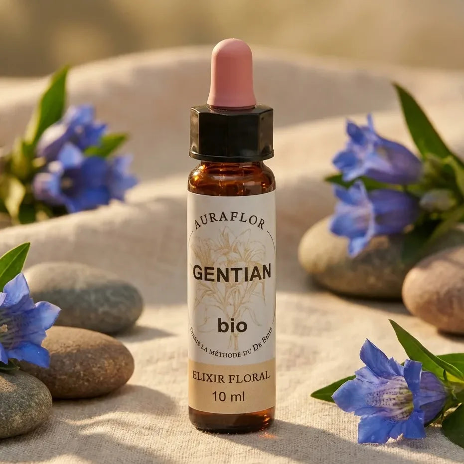 Fleur de Bach Gentiane bio 10ml Dioter avec fleurs de gentiane et pierres lisses