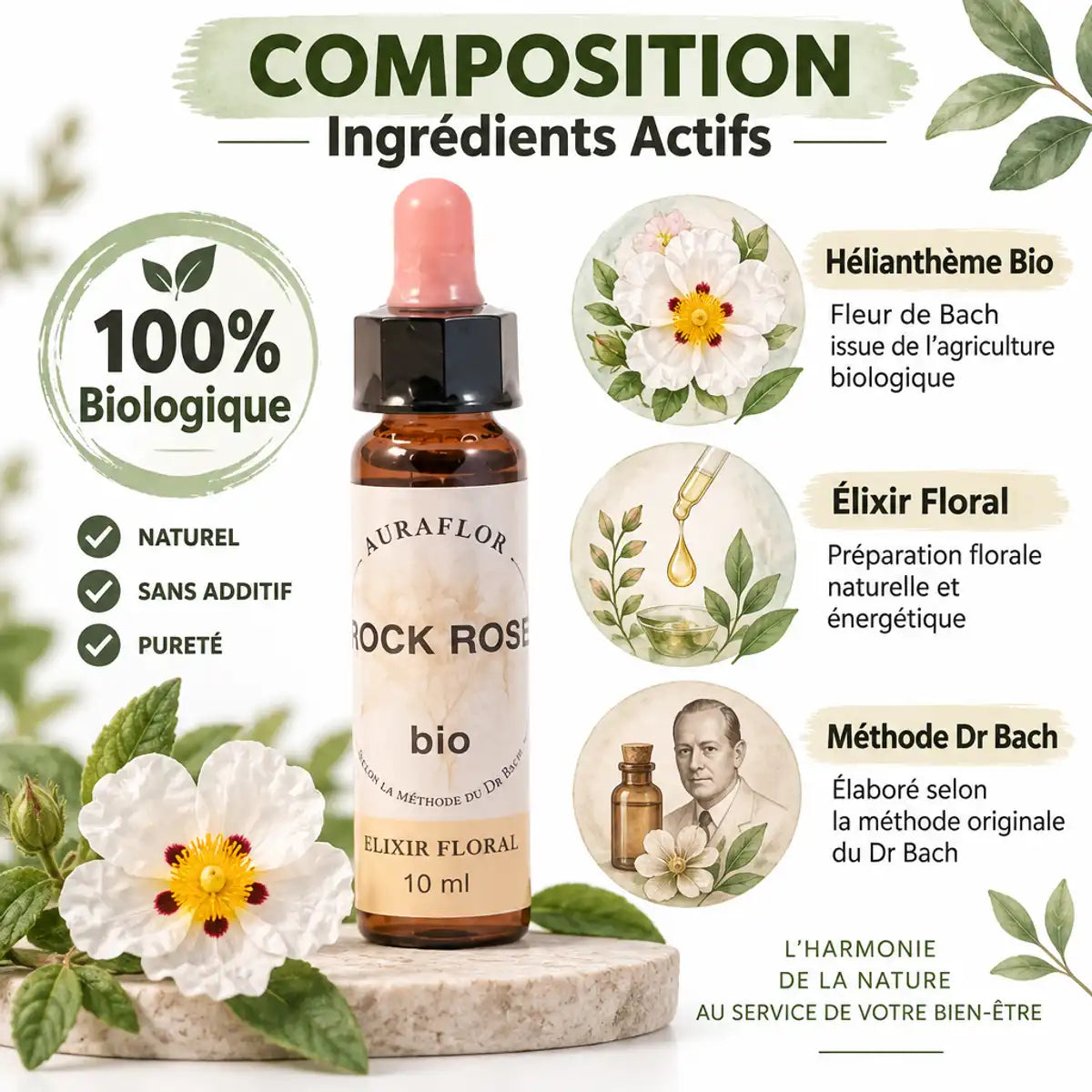 Fleur de Bach Hélianthème Bio 10ml Dioter - flacon ambre avec étiquette crème