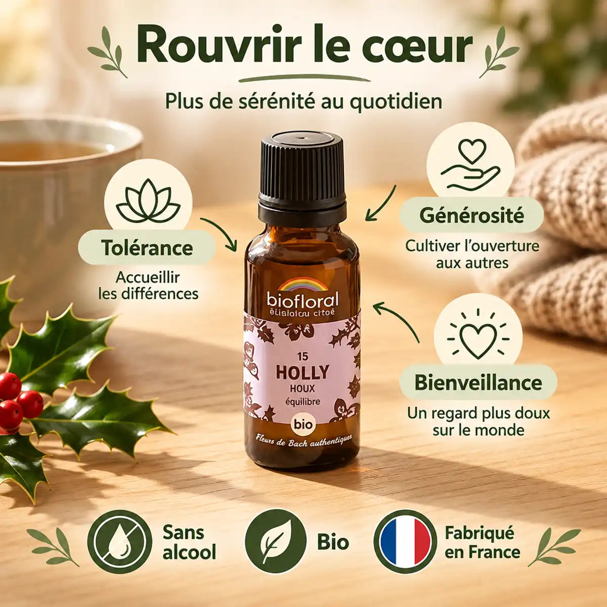 Fleur de Bach Holly Biofloral en granules, flacon ambré avec compte-gouttes, sur fond beige avec feuilles de houx