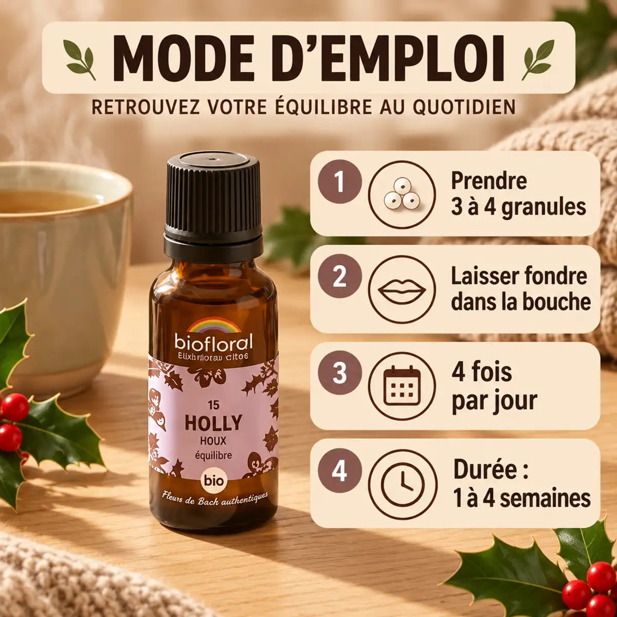 Fleur de Bach Holly Biofloral en granules 19,5 g : flacon ambré, mode d'emploi et tisane chaude sur fond crème