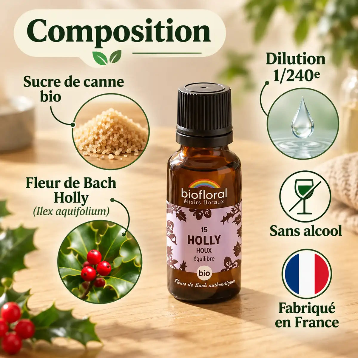 Infographie produit Biofloral : flacon de Fleur de Bach Holly (Houx) bio en granules, sucre de canne, feuilles de houx et dilution 1/240e