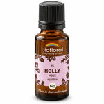 Flacon en verre ambré de Fleur de Bach Houx Biofloral Bio, granules 19,5 g, étiquette lavande avec illustrations de houx