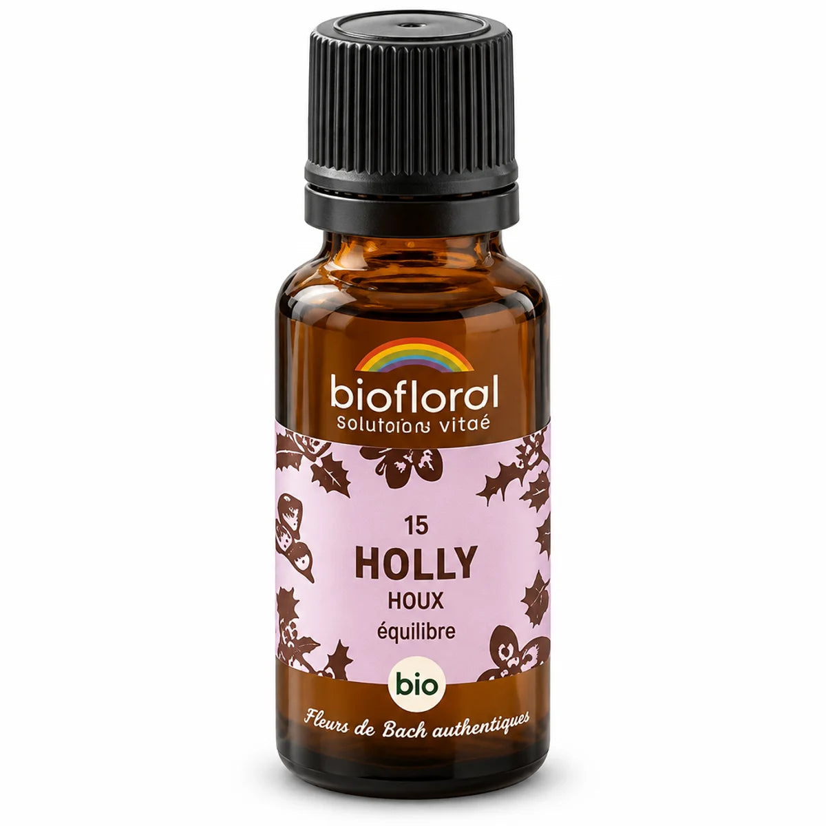 Flacon en verre ambré de Fleur de Bach Houx Biofloral Bio, granules 19,5 g, étiquette lavande avec illustrations de houx