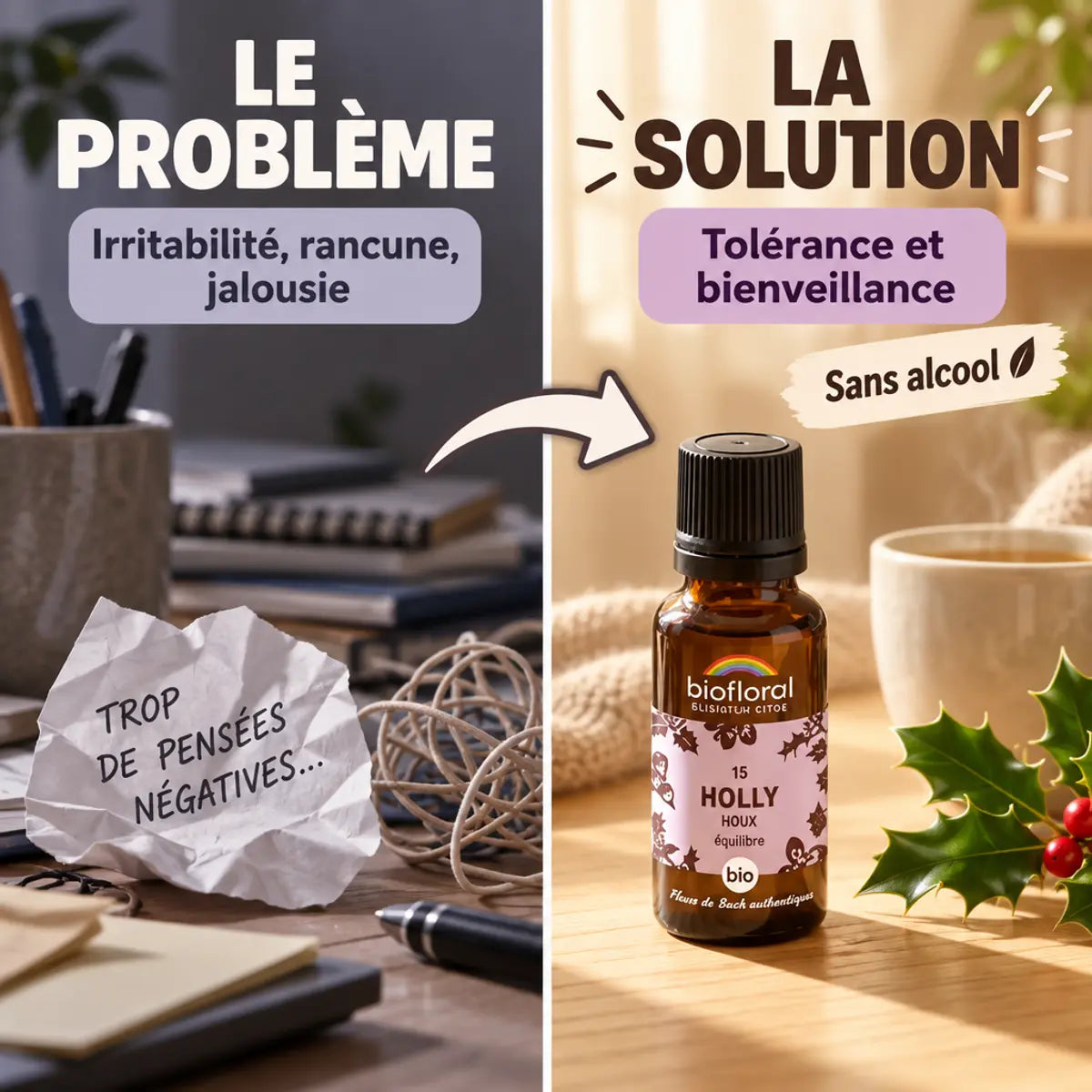 Fleur de Bach Holly Biofloral en granules : problème d'irritabilité et solution pour la tolérance et la bienveillance