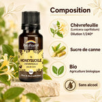 Fleur de Bach Chèvrefeuille Bio en granules Biofloral : flacon ambré, composition, logo bio et mention sans alcool