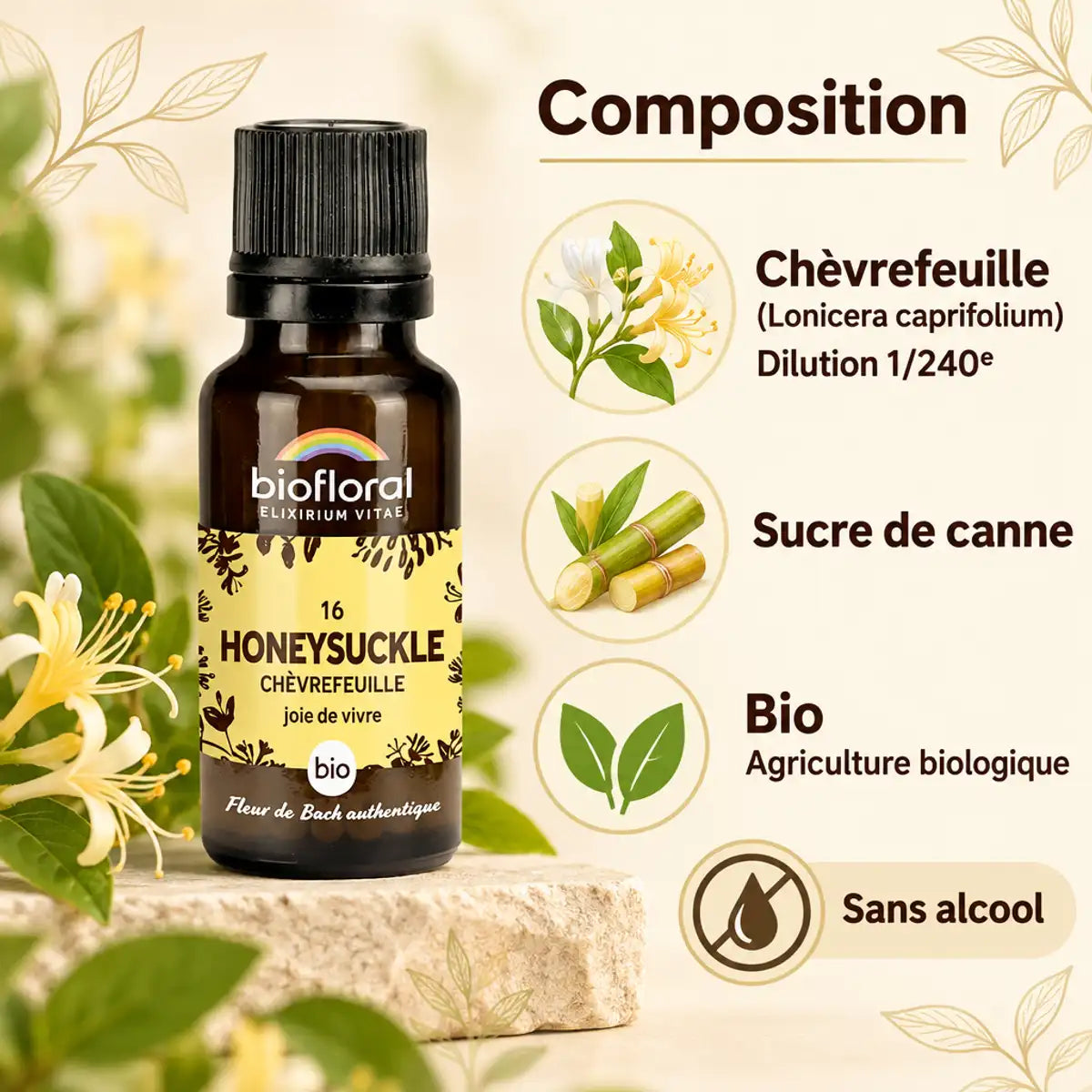 Fleur de Bach Chèvrefeuille Bio en granules Biofloral : flacon ambré, composition, logo bio et mention sans alcool