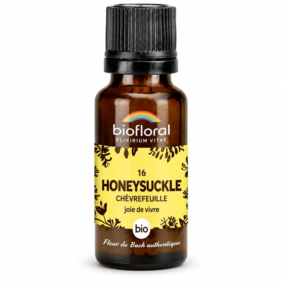 Flacon en verre ambré de Fleur de Bach Chèvrefeuille n°16 Biofloral bio, 19,5 g, étiquette jaune, fond blanc