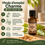 Fleur de Bach Charme (Hornbeam) Bio Biofloral en granules, flacon ambré, feuilles vertes et mode d'emploi en 4 étapes