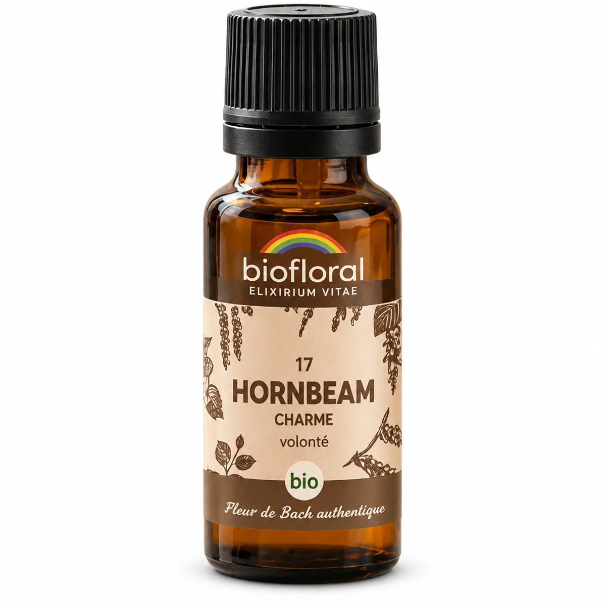 Flacon en verre ambré de fleur de Bach Hornbeam (Charme) bio en granules, 19,5 g, Biofloral, fond blanc