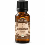 Flacon en verre ambré de fleur de Bach Hornbeam (Charme) bio en granules, 19,5 g, Biofloral, fond blanc