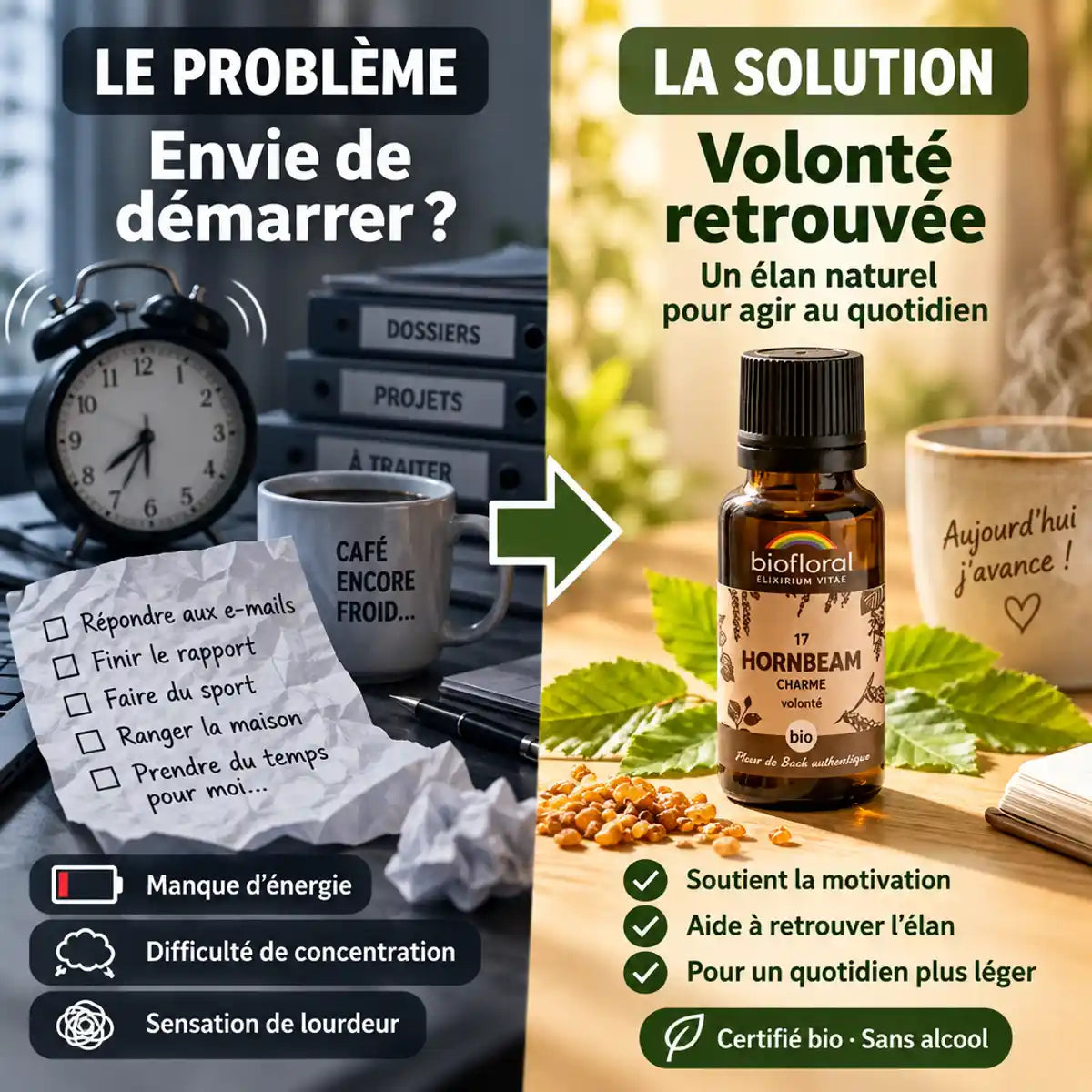 Flacon Fleur de Bach Hornbeam Charme Bio en granules Biofloral, solution naturelle pour retrouver la volonté
