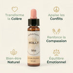 Fleur de Bach Houx bio 10ml Dioter - Bouteille produit avec infographie bénéfices