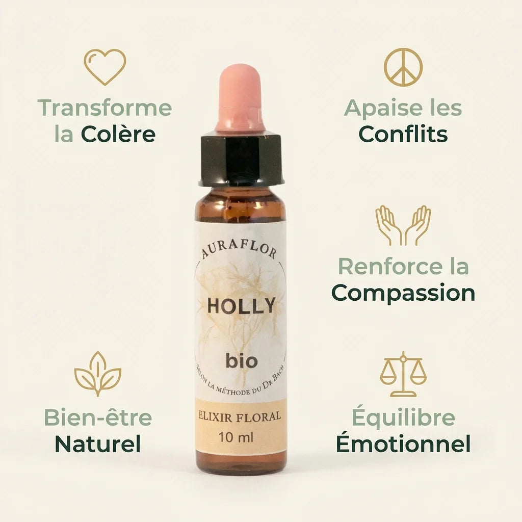 Fleur de Bach Houx bio 10ml Dioter - Bouteille produit avec infographie bénéfices