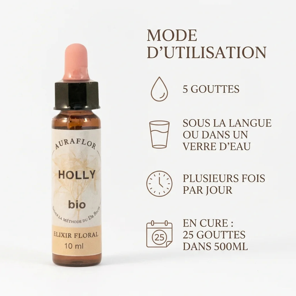 Fleur de Bach Houx bio 10ml Dioter - Flacon avec mode d'utilisation et posologie