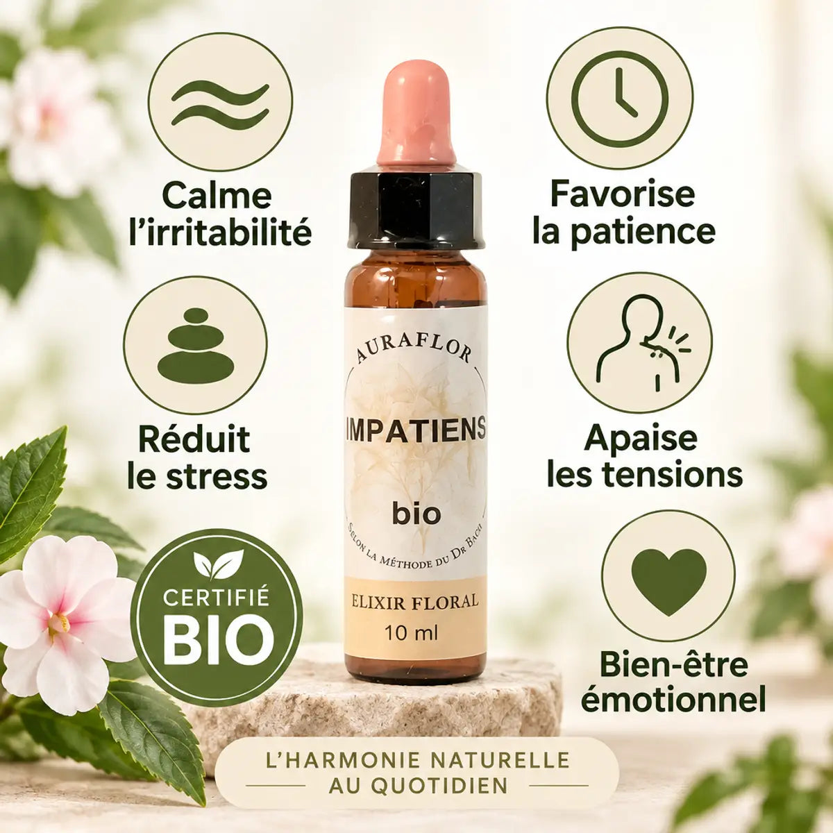 Fleur de Bach Impatiens Bio 10ml avec icônes de bénéfices : calme, patience, stress et bien-être émotionnel