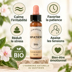 Fleur de Bach Impatiens Bio 10ml avec icônes de bénéfices : calme, patience, stress et bien-être émotionnel