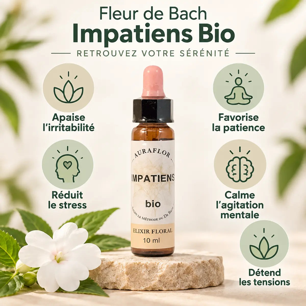 Fleur de Bach Impatiens Bio 10ml avec bénéfices: apaise l'irritabilité, favorise la patience et réduit le stress