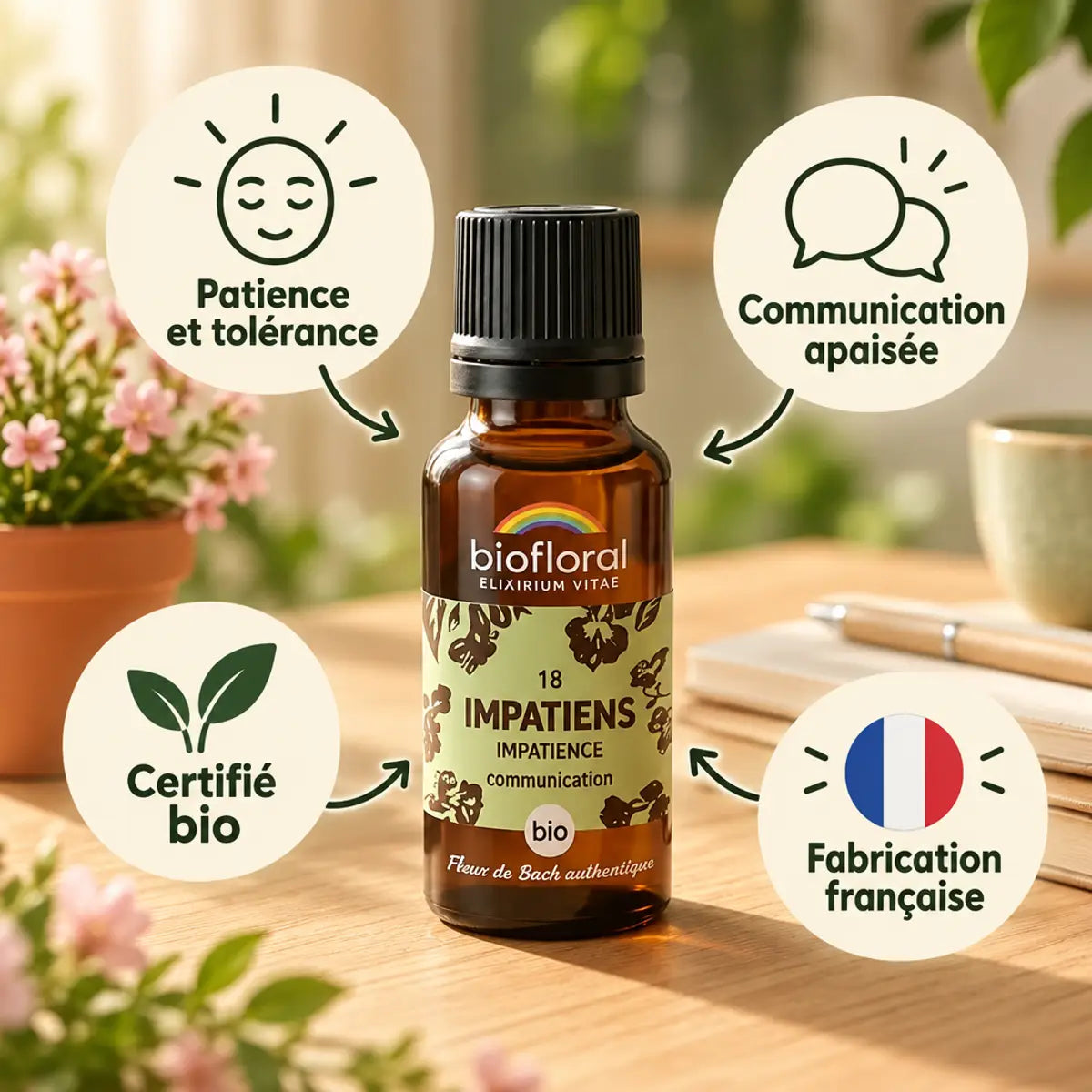 Flacon de Fleur de Bach Impatiens Bio Biofloral (granules 19,5 g) sur bois, avec plante fleurie, cahier et étiquettes « Patience et tolérance ».