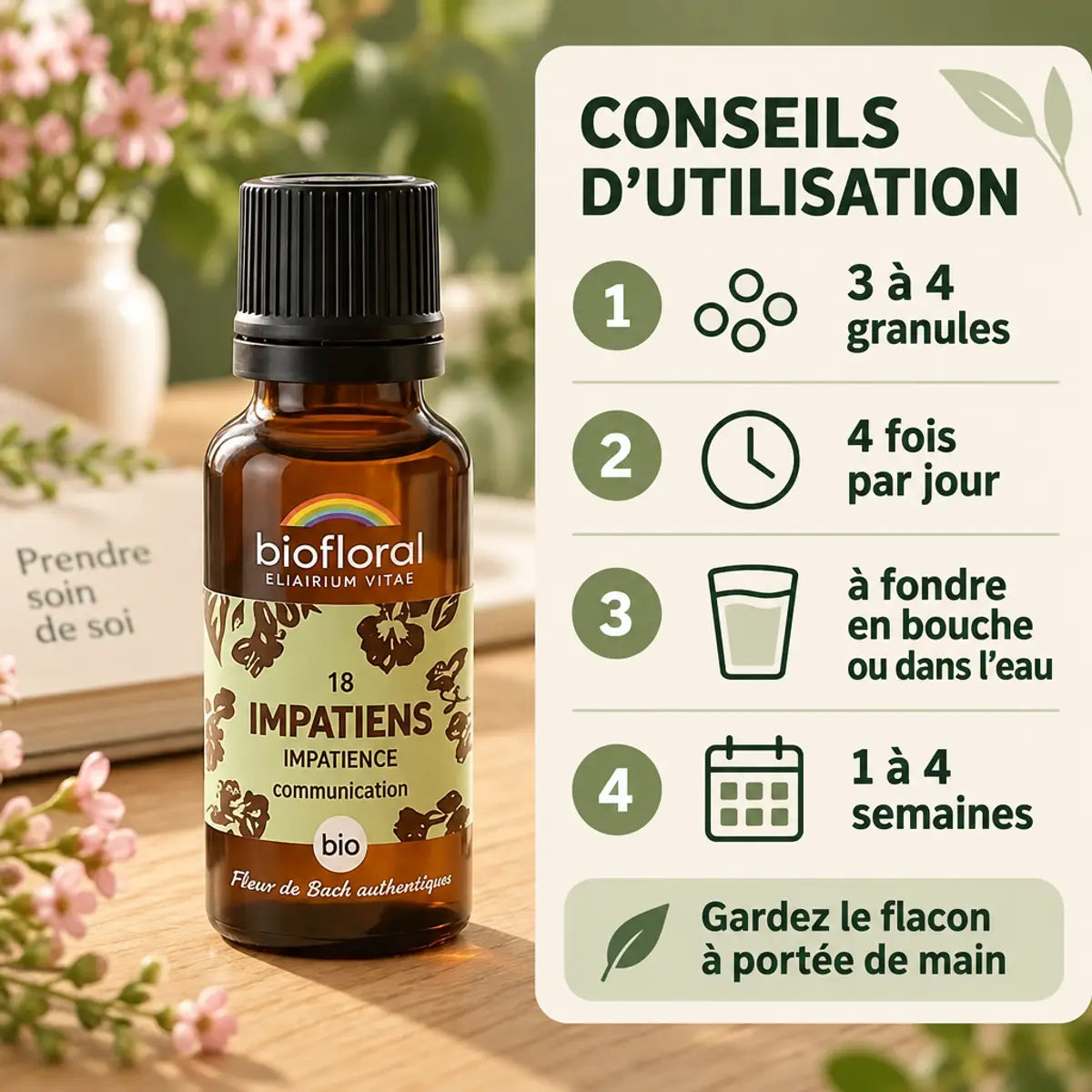 Fleur de Bach Impatiens Bio en granules Biofloral : flacon ambré et infographie des 4 étapes de posologie

Let me check length: the text above is in French mostly but the first part "Fleur de Bach Impatiens Bio en granules Biofloral" is fine. Count roughly: "Fleur de Bach Impatiens Bio en granules Biofloral : flacon ambré et infographie des 4 étapes de posologie" ≈ 104 characters. Under 125.

Fleur de Bach Impatiens Bio en granules Biofloral : flacon ambré et infographie des 4 étapes de posologie