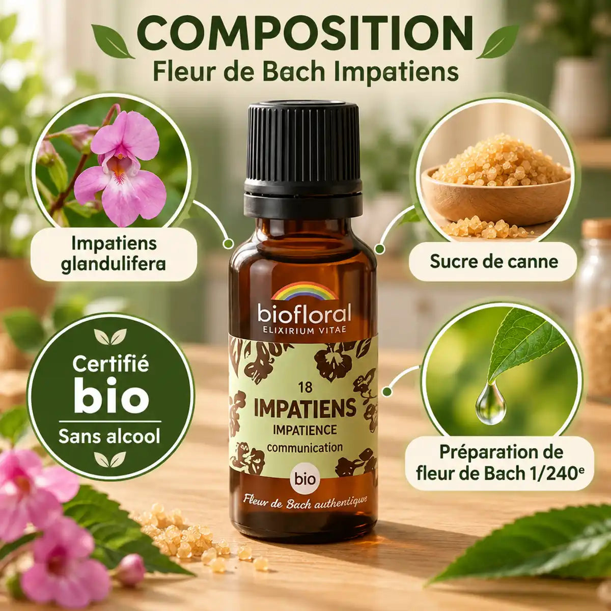 Fleur de Bach Impatiens bio en granules Biofloral : flacon en verre ambré, composition avec impatiens, sucre de canne et badge certifié bio