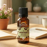 Fleur de Bach Impatiens Bio en granules Biofloral : flacon ambré sur bureau lumineux, ambiance cosy