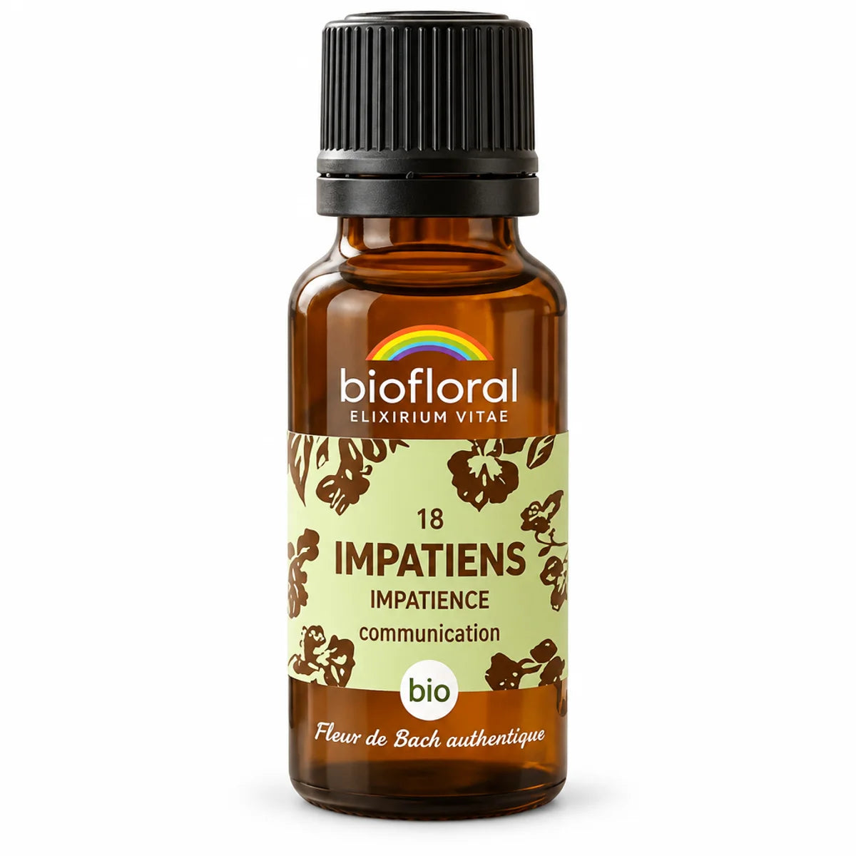 Flacon compte-gouttes ambre Fleur de Bach Impatiens bio Biofloral en granules, étiquette vert sauge sur fond blanc