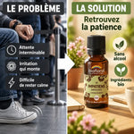 Infographie comparant l'impatience en file d'attente à la solution : flacon Fleur de Bach Impatiens Bio en granules Biofloral, sans alcool.