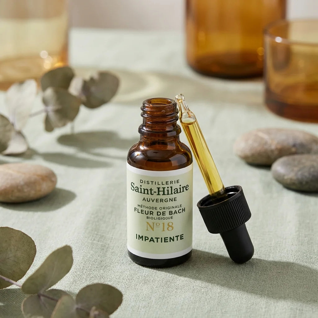 Fleur de Bach Impatiente n°18 20ml Saint-Hilaire avec compte-gouttes sur fond zen