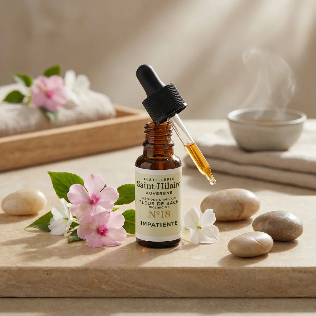 Fleur de Bach Impatiente n°18 Saint-Hilaire 20ml avec fleurs impatiens et pierres lisses